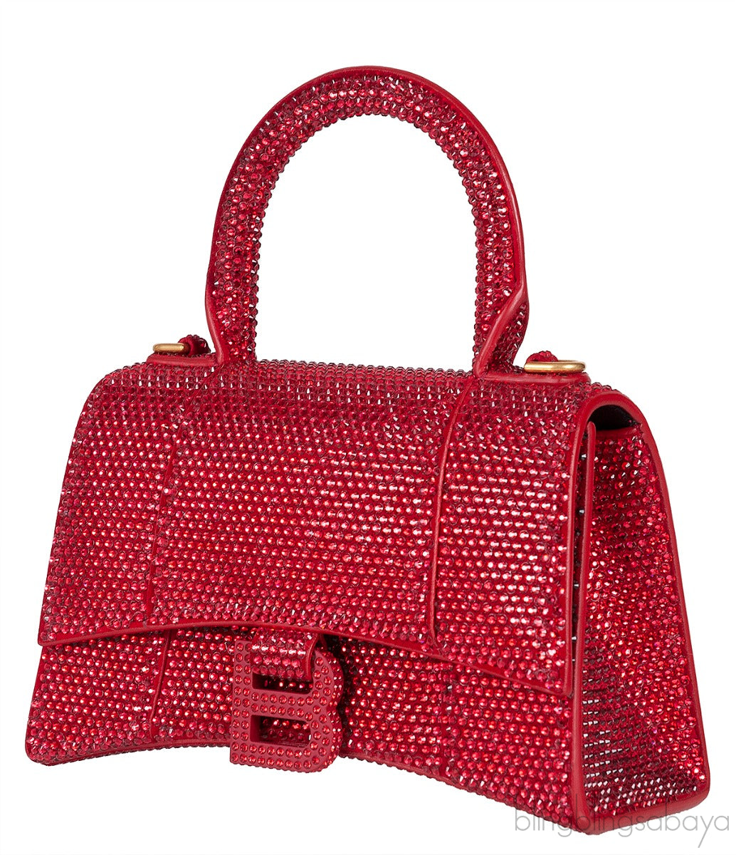Hourglass XS Red Rhinestone Suede Calfskin