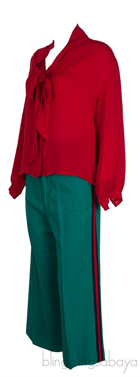 Red Pussy Bow Longsleeve Blouse & Green Trouser