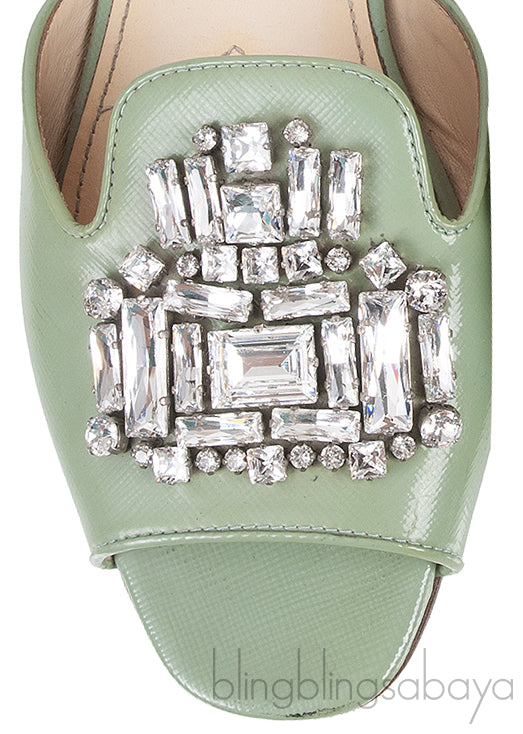 Pastel Green Crystal Open Toe Slide Sandals 38