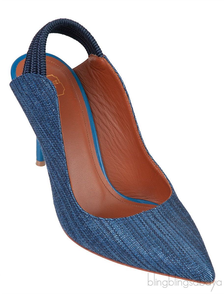 Malone Souliers Denim Pointed Toe Slingback Heels