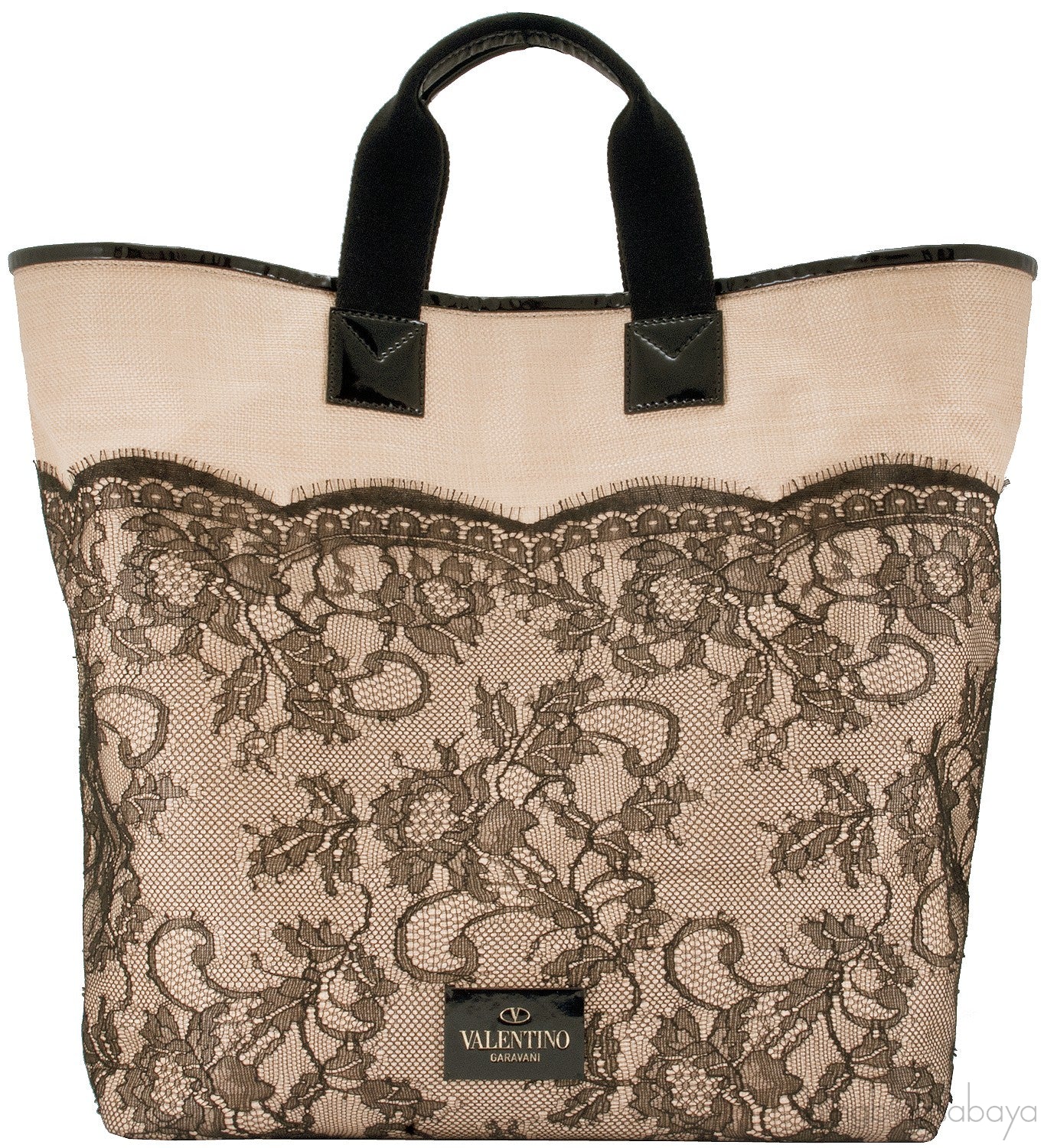 Beige Lace-appliquéd Raffia Tote