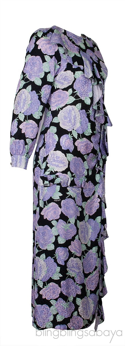 Lavander Floral Print Ruffle Trim Dress