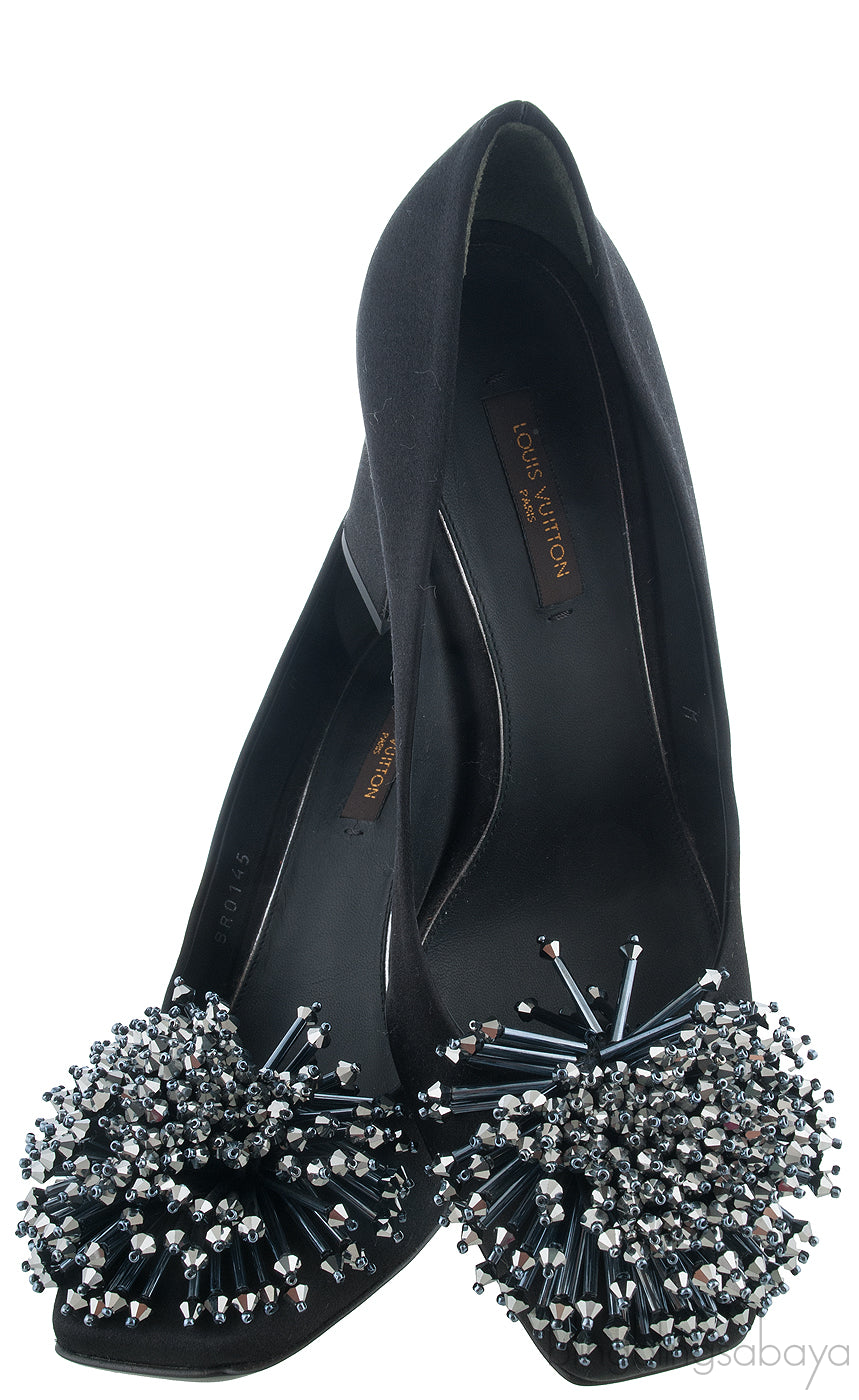 Black Satin Bead Embellished Heels