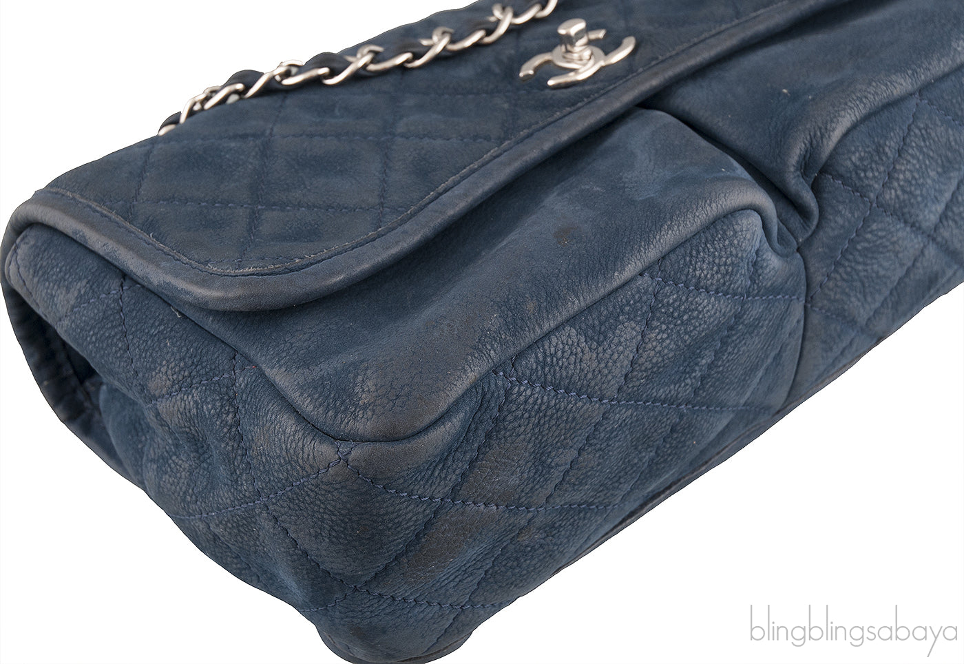 Blue Nubuck Quilted Flap Bag