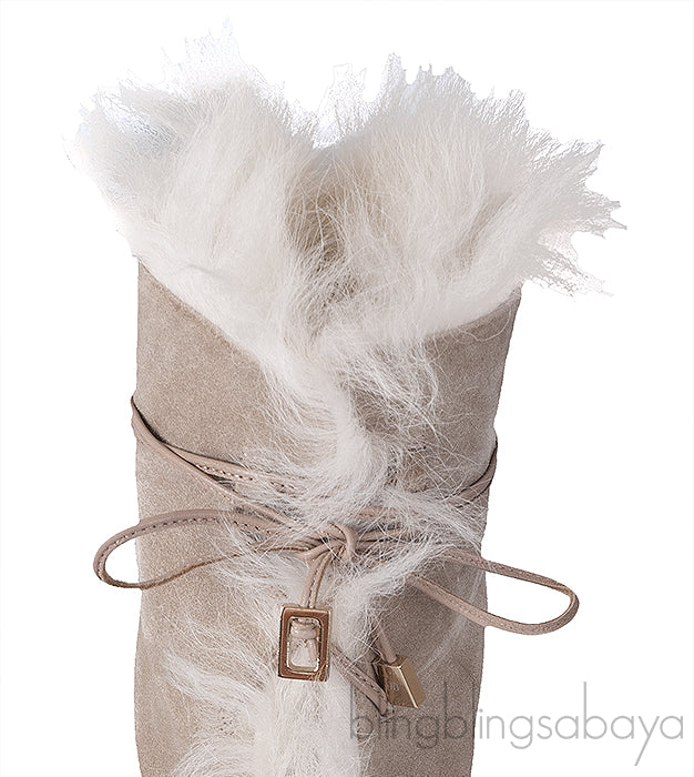 Grey Fur Trim Lace Ankle Boots