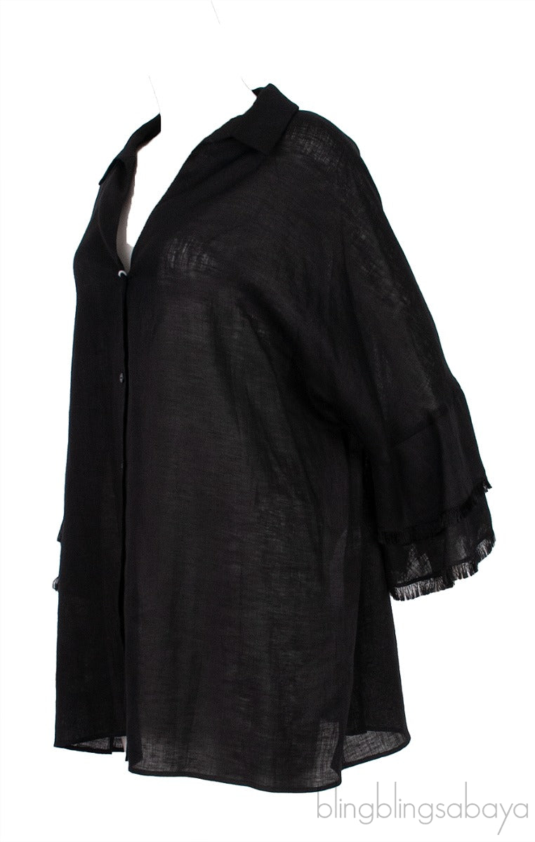 Black Linen Fringed Cuff Shirt