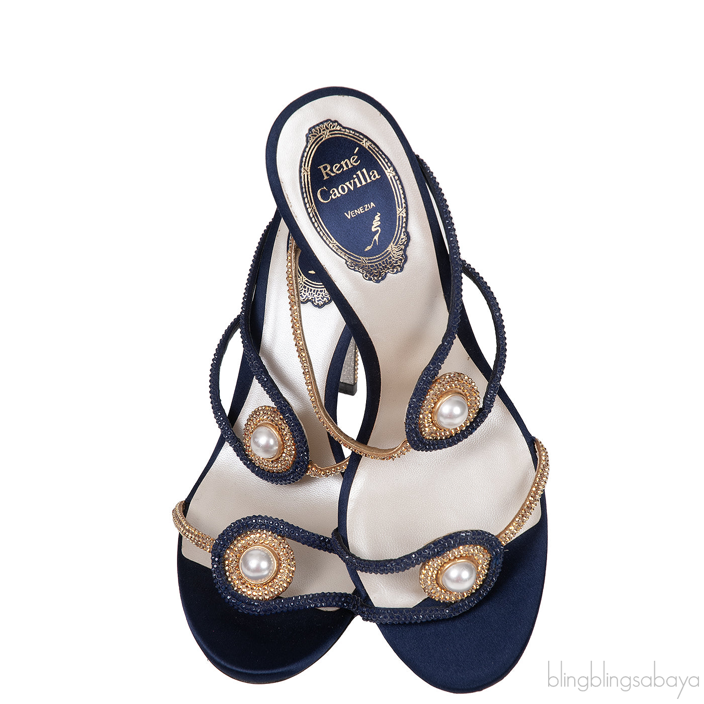 Pearl & Gold Crystal Blue Satin Sandals