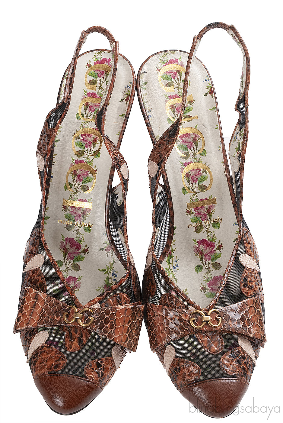 Gucci Malaga Kid Elaphe Lizard Butterflies Mid-Heel Slingback