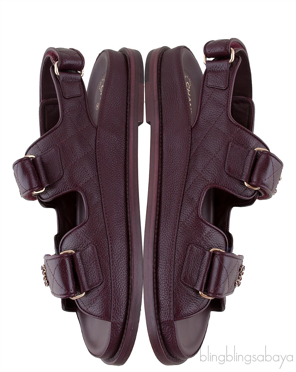 Burgundy Quilted Leather CC Velcro Sandals