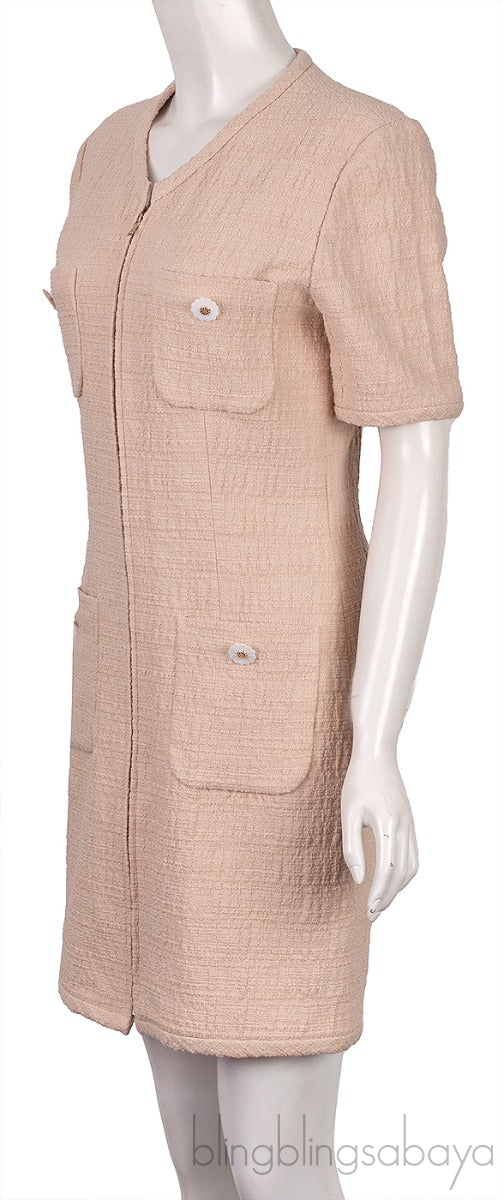 Beige Front Pocket Flower Button Dress