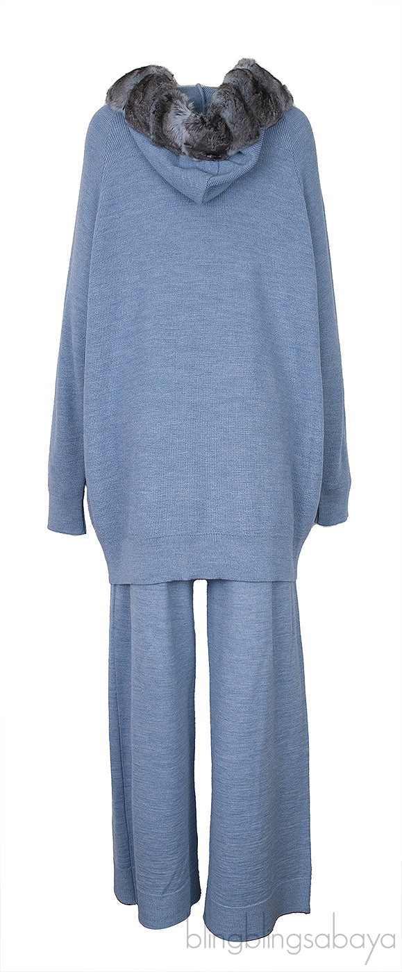 Blue Chinchillia Fur Lined Wool Hoodie and Pants