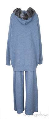 Blue Chinchillia Fur Lined Wool Hoodie and Pants