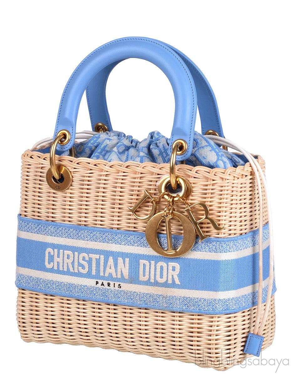 Lady Dior Natural Wicker & Light Blue Dior Oblique Jacquard Medium