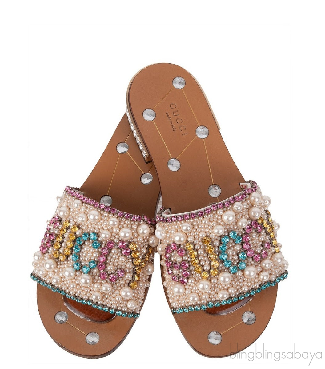 Guccy Pearl and Crystal Embellished Slide Sandals