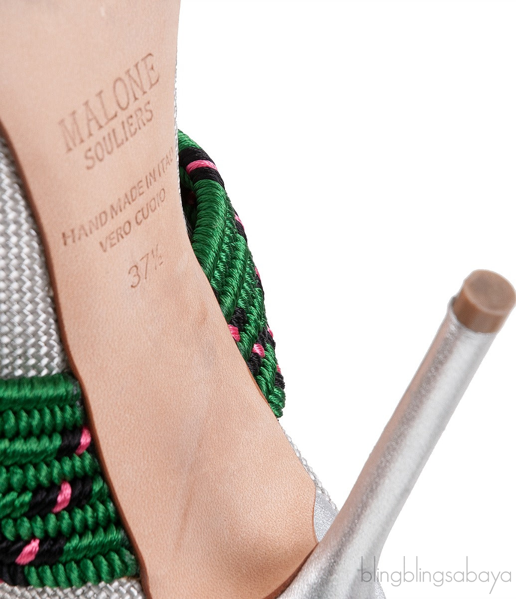 Silver Raffia & Green Fabric Heels