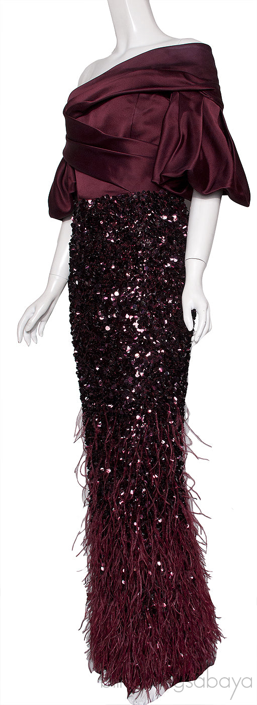 Off-Shoulder Burgundy Feather Gown