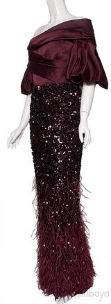Off-Shoulder Burgundy Feather Gown