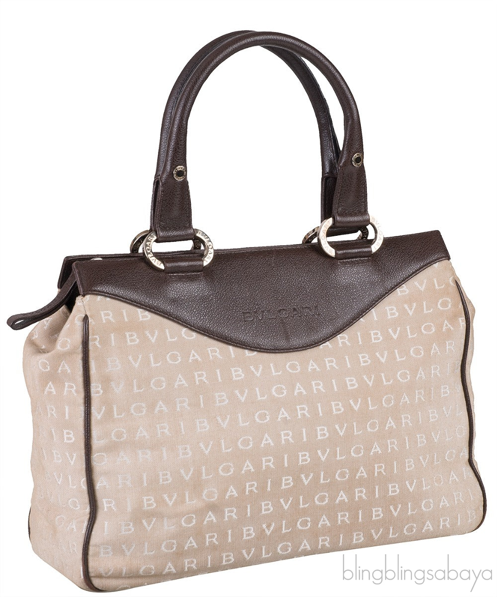 Logomania Beige Canvas Brown Leather Trim Bag