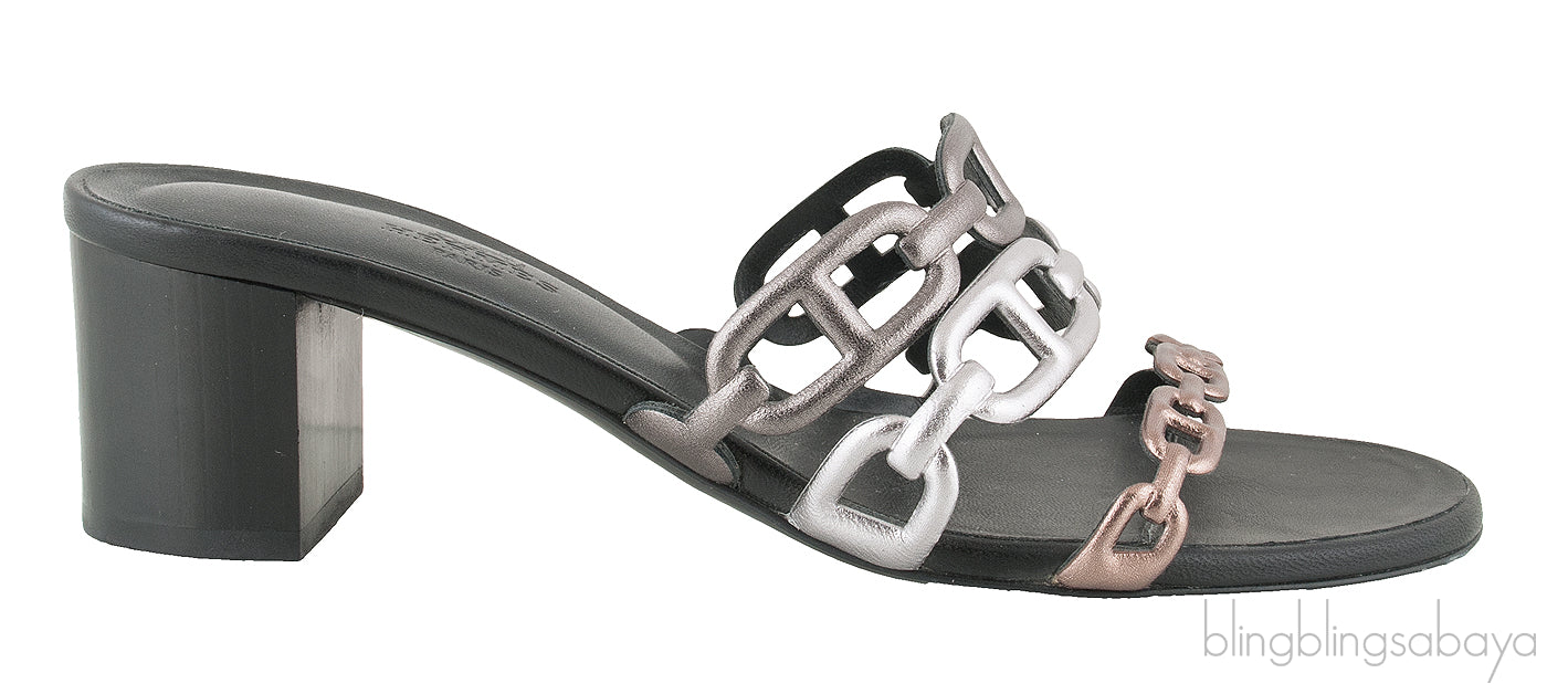 Chain Plain Leather Block Heels