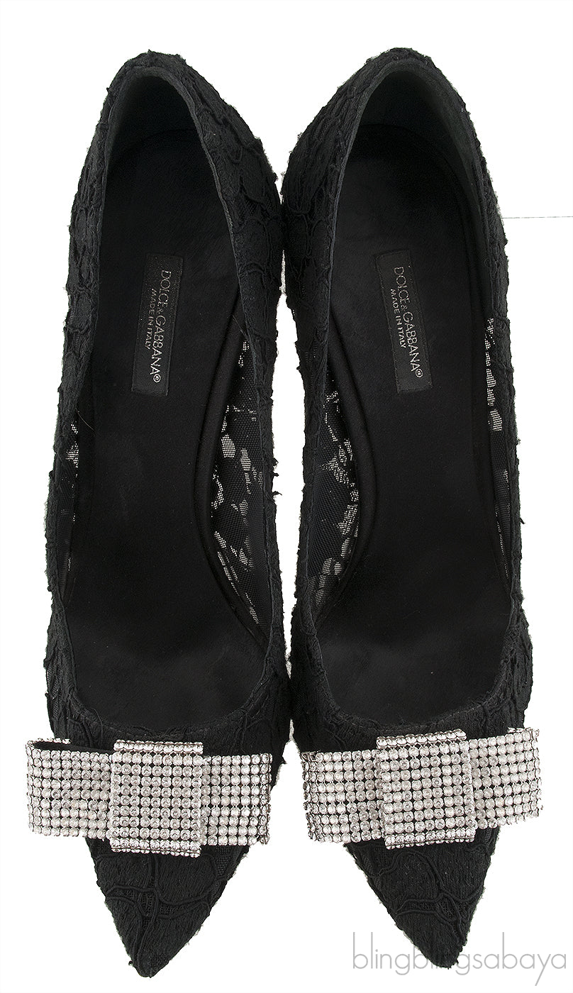 Dolce & Gabbana Black Lace Crystal Bow Heels