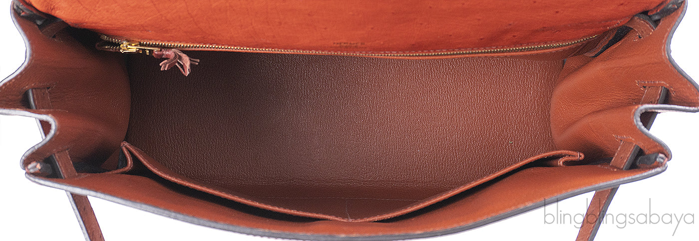 Hermes Kelly 32 Ghillies Rouge H Sunset and Brique Ostrich Bag