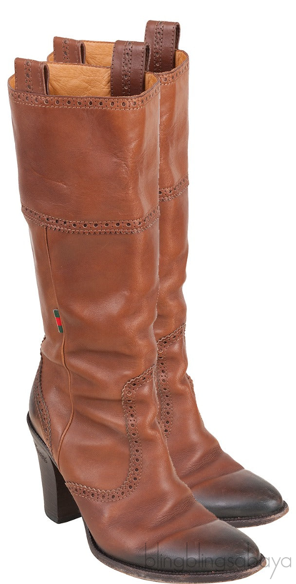 Brown Brogue Perforated High Boots