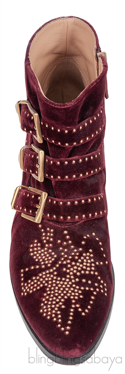 Burgundy Velvet Metal Beads Strappy Boots