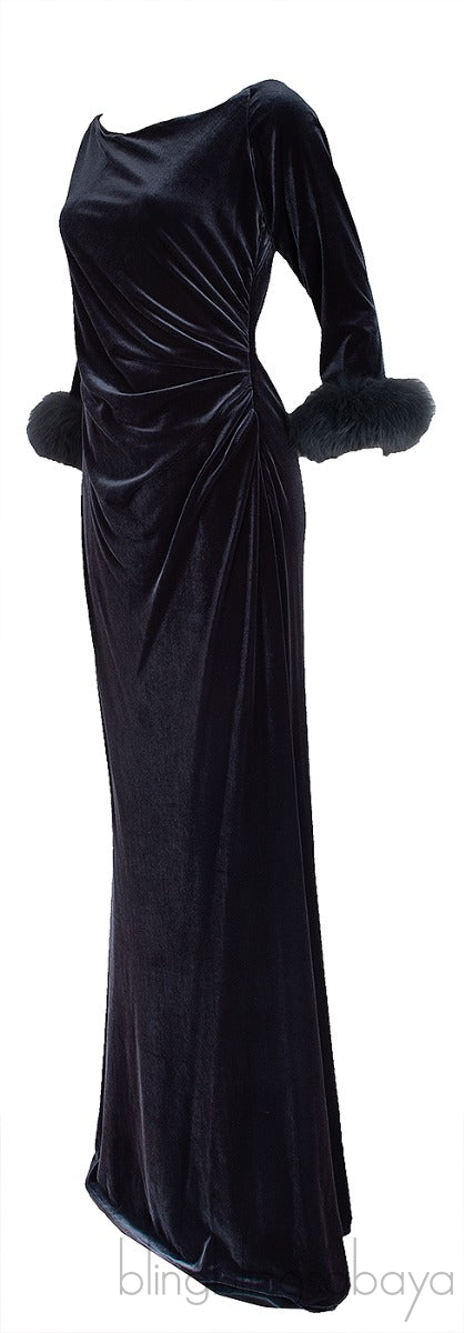 Grey Velvet Fur Trim Cuff Dress
