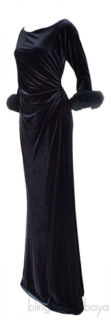 Grey Velvet Fur Trim Cuff Dress