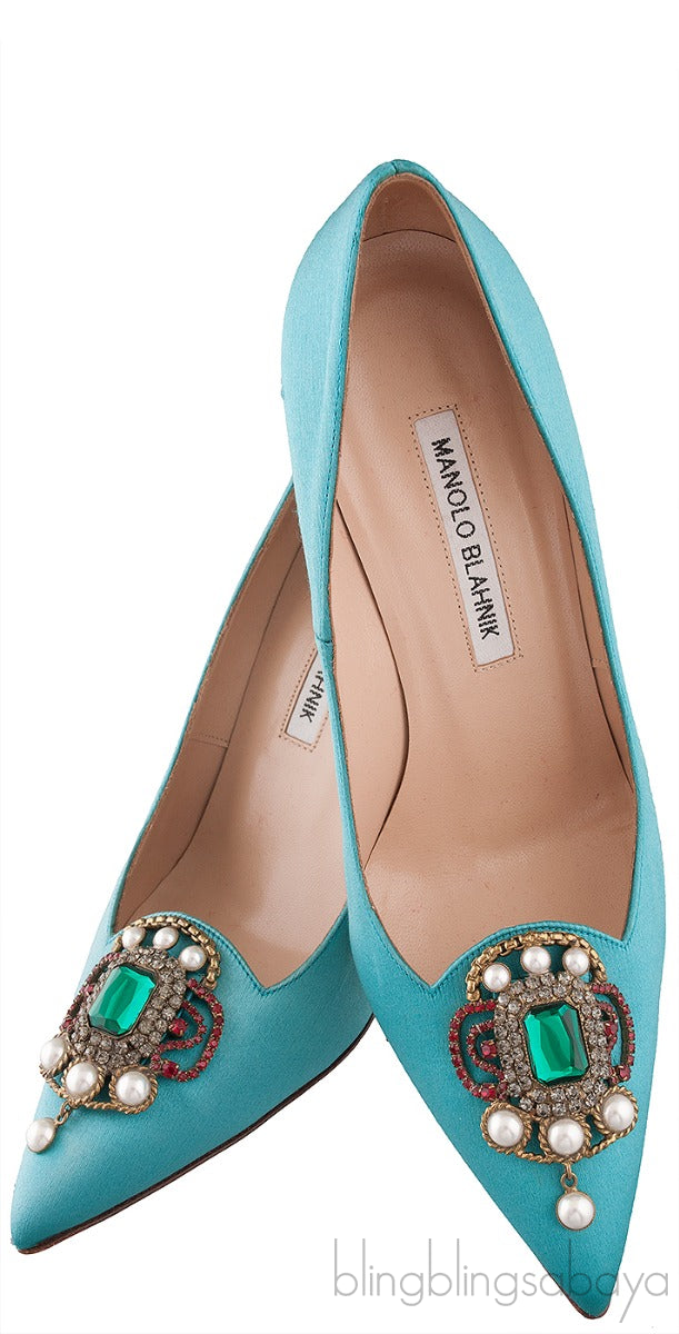 Eufrasia Teal Satin Crystal Heels