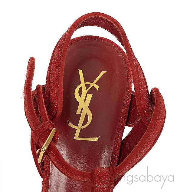 Yves Saint Laurent Red Glitter Finish Tribute Sandals 37.5