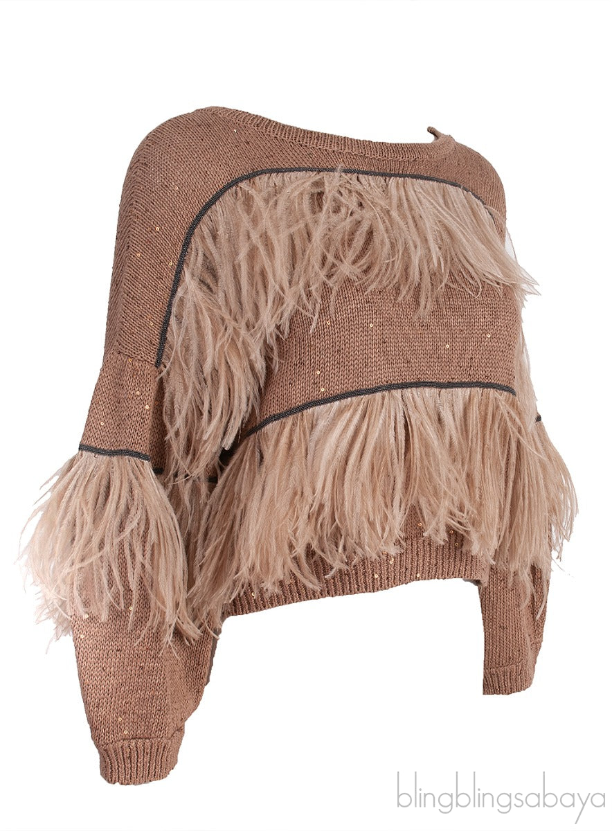 Brown Feather Embellished Sweatshirt