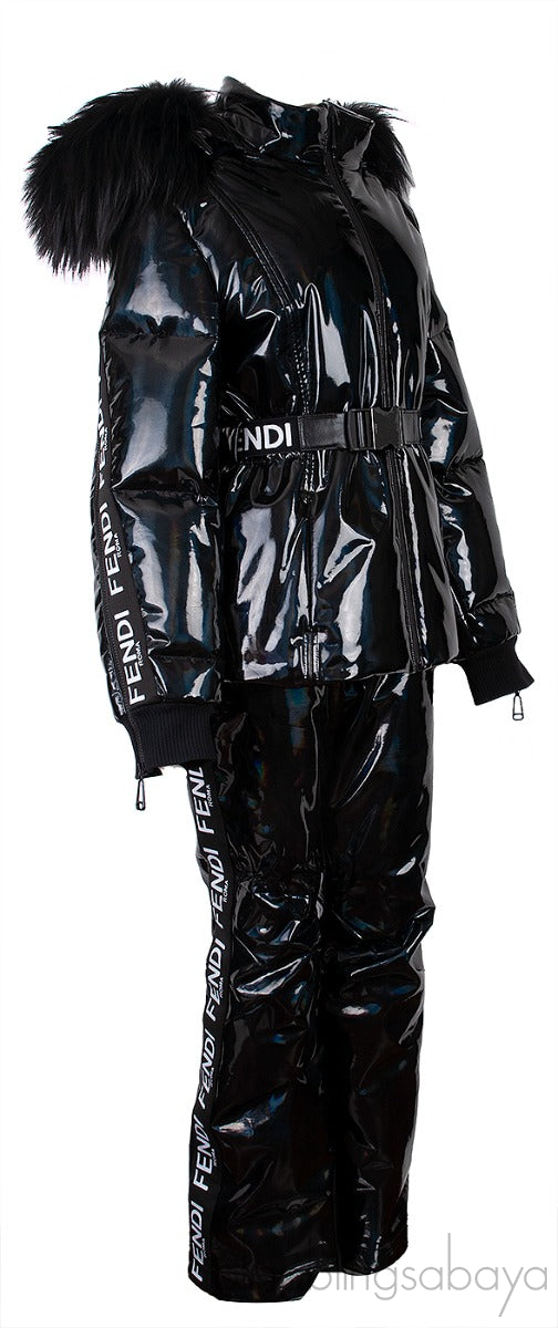 Black Holographic Fur-trimmed Down Ski Jacket & Trouser Set