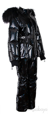Black Holographic Fur-trimmed Down Ski Jacket & Trouser Set