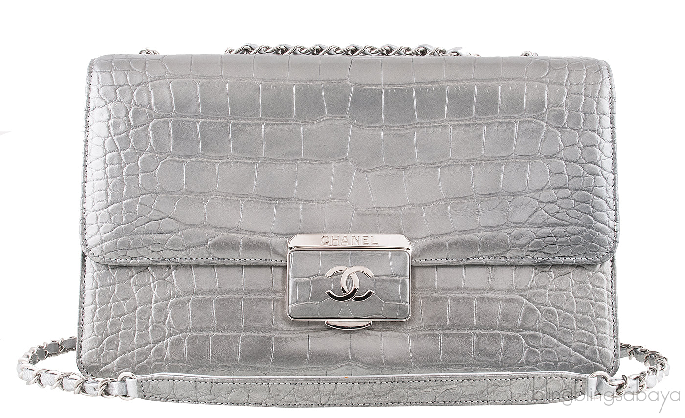 Silver Grey Crocodile Flap Bag