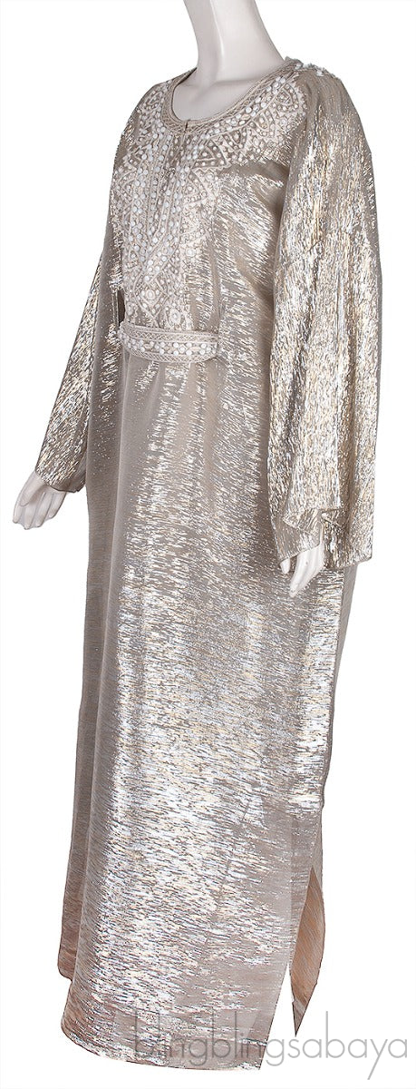 Silver Metallic Beaded Kaftan Dress