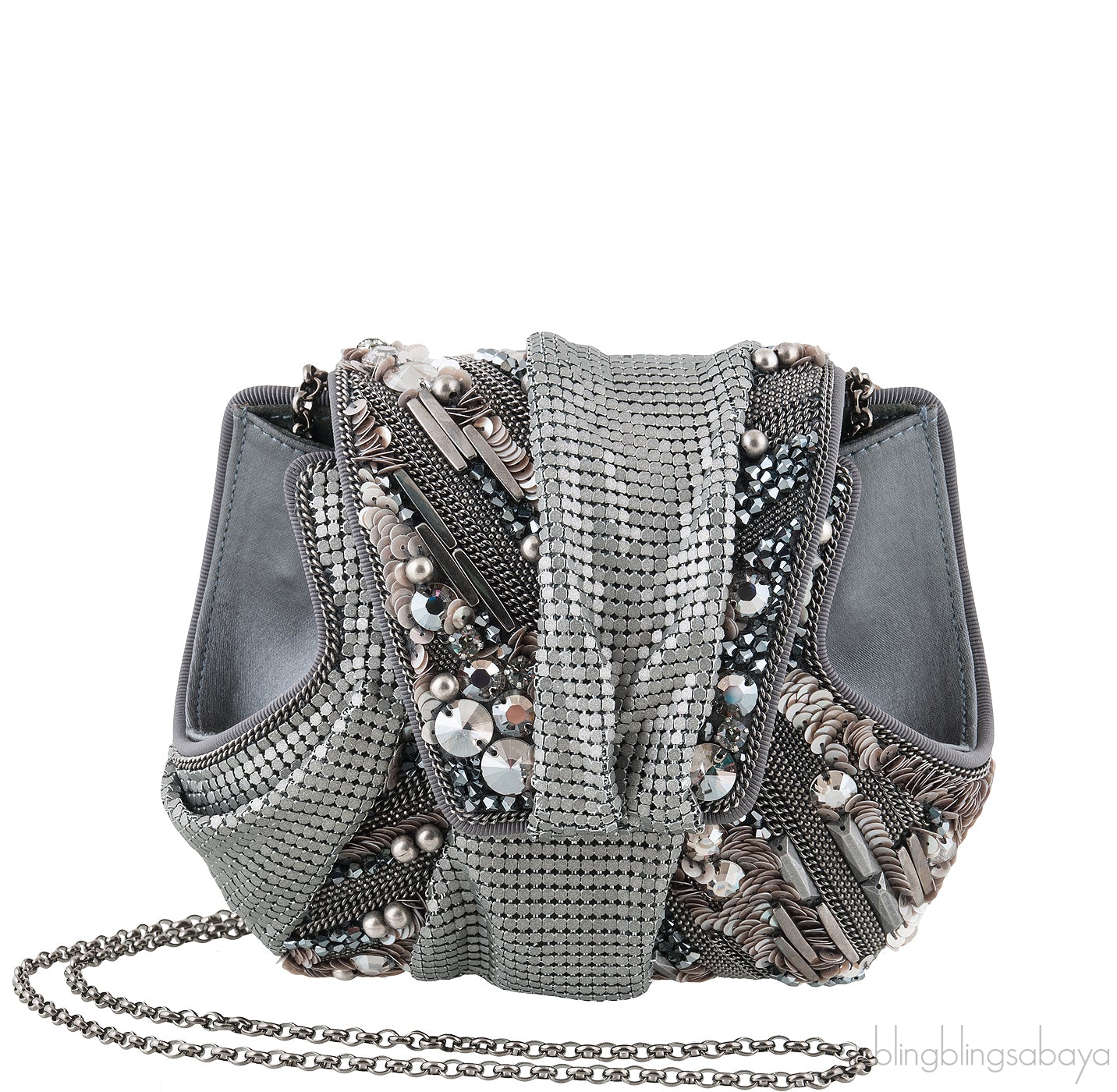 Grey Satin Metal Mesh Clutch