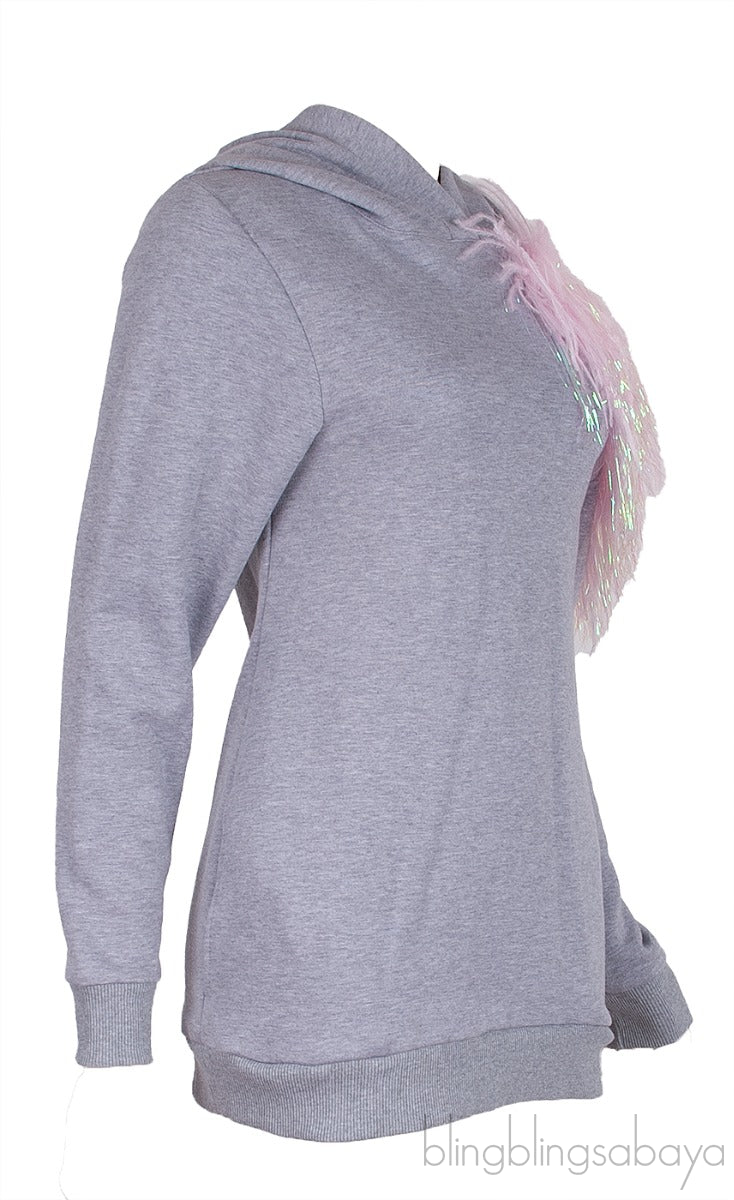 Grey Pom Pom Cut-out Hoodie
