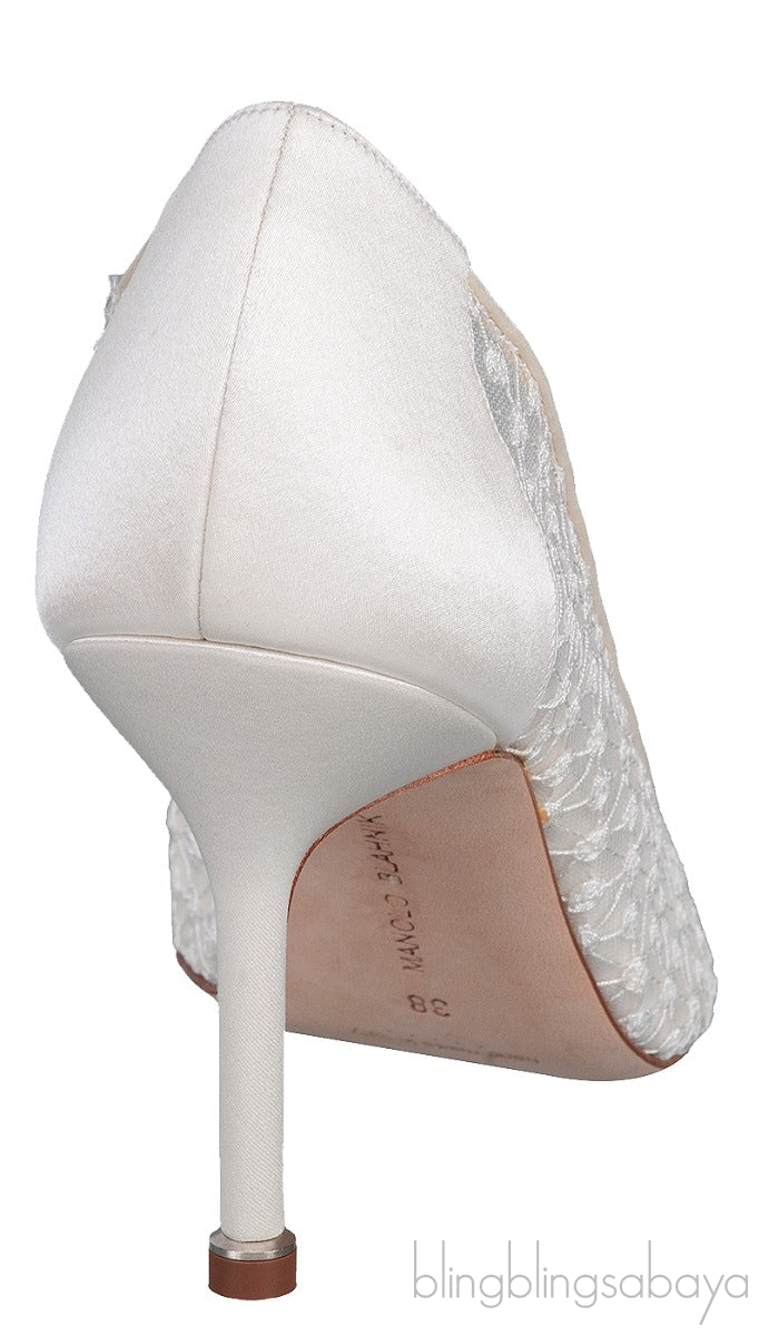 Hangisi White Embroidered Mesh Crystal Heels