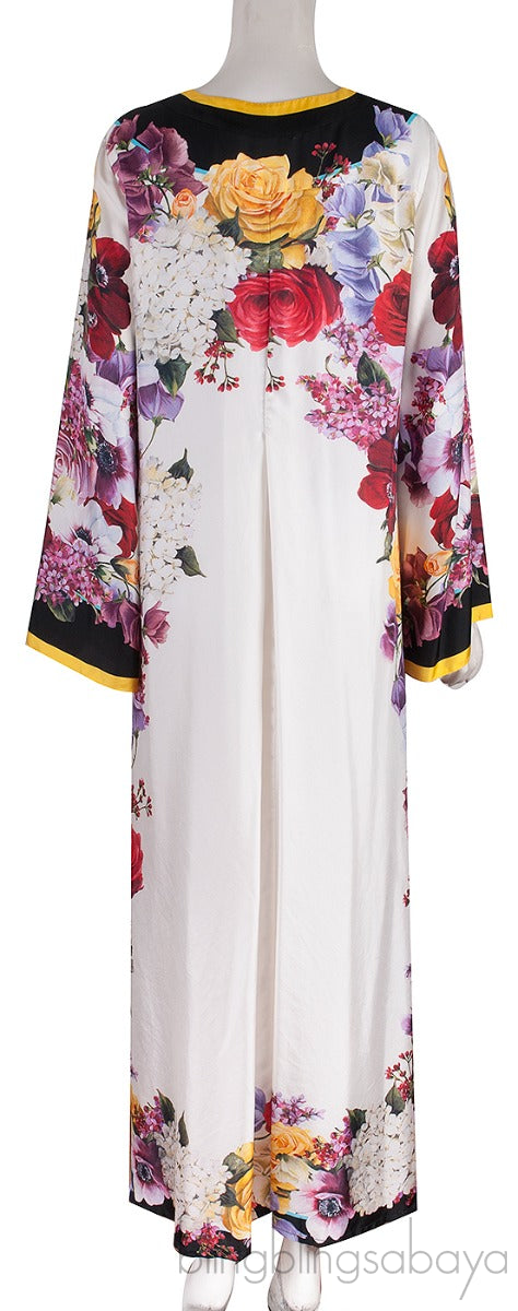 Yellow Trim Floral Printed Kaftan Dress