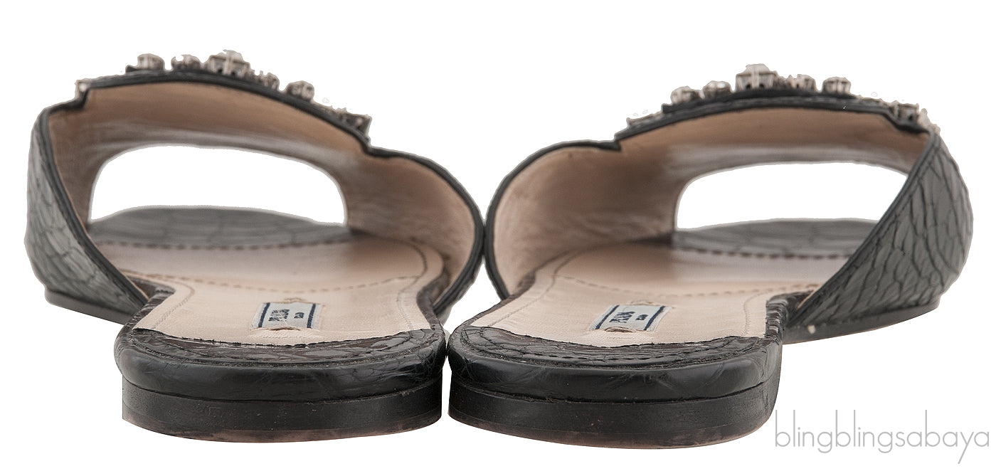 Black Crocodile Print Open Toe Slide