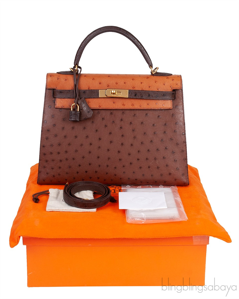 Hermes Kelly 32 Chocolate Natural and Dark Brown Ostrich GHW