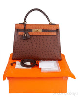 Hermes Kelly 32 Chocolate Natural and Dark Brown Ostrich GHW
