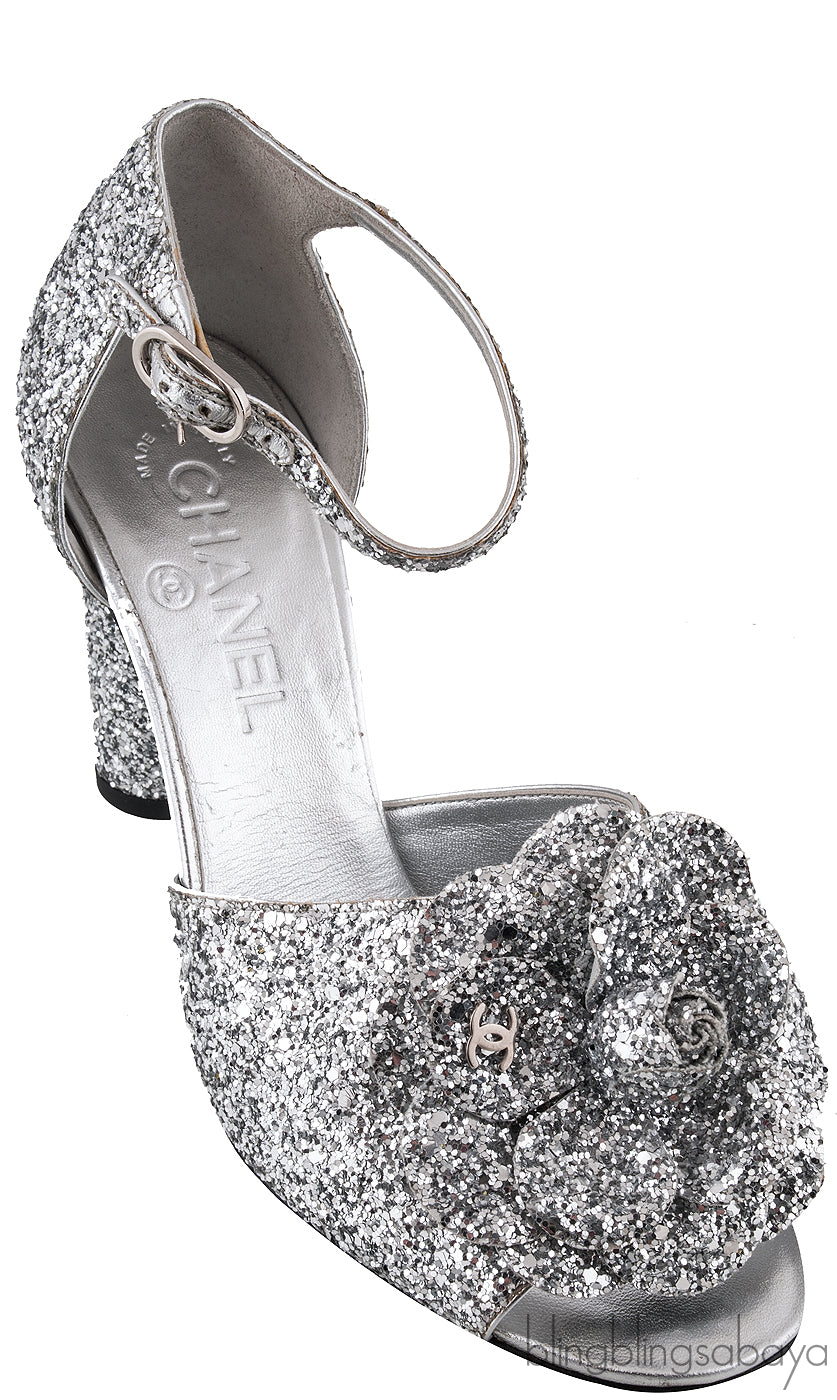 Silver Camellia Glitter Heels
