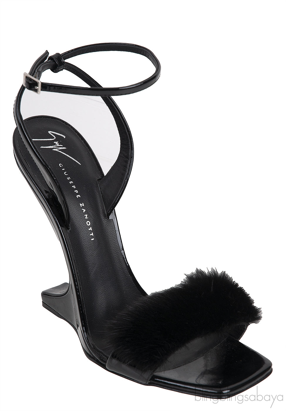 Black Picard Wedge Fur Slingback Sandals