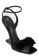 Black Picard Wedge Fur Slingback Sandals