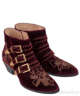 Burgundy Velvet Metal Beads Strappy Boots