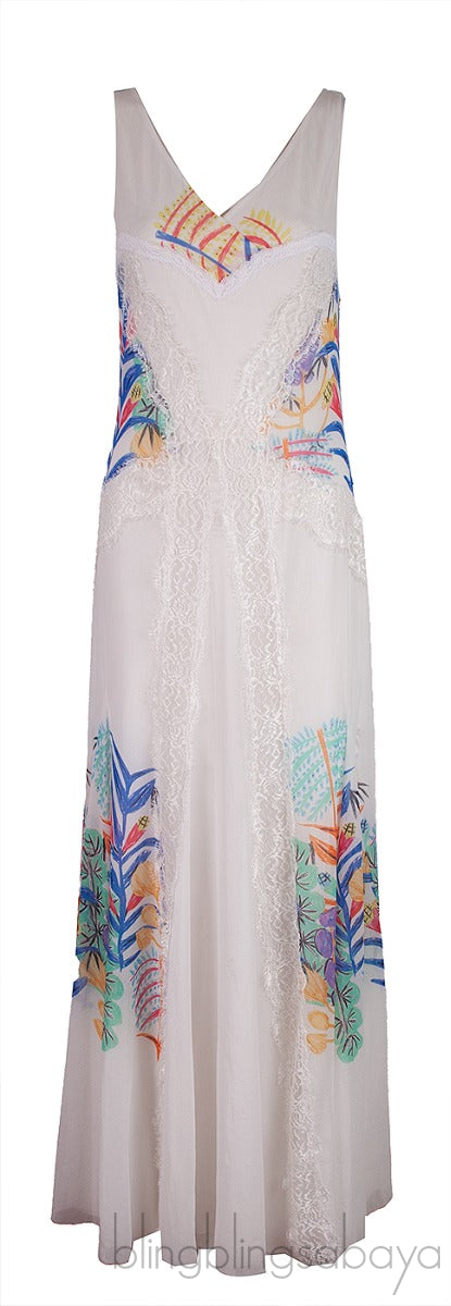 White Printed Sleeveless Lace Trim Dress