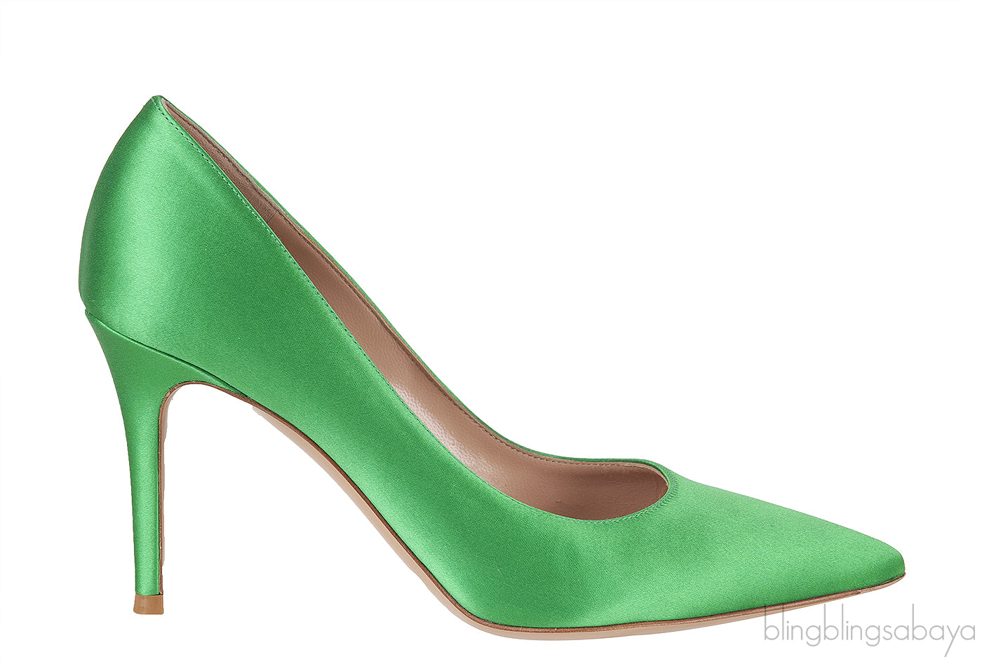 Green Satin Pointed Toe Heels