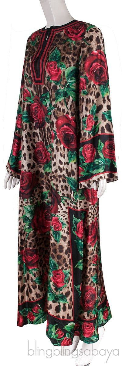 Brown Leopard & Rose Print Kaftan Dress